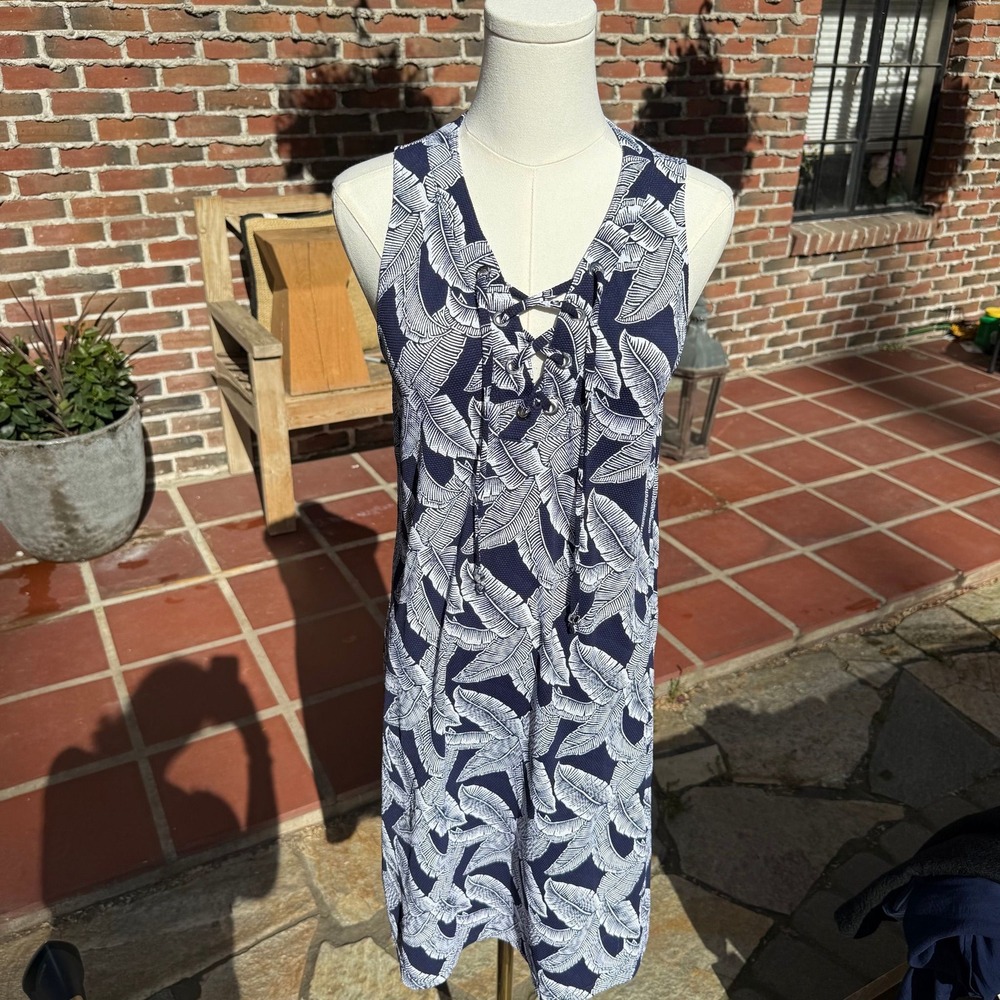 Tommy Bahama Navy Blue White Tropical Palm Lace Up Dress Small
